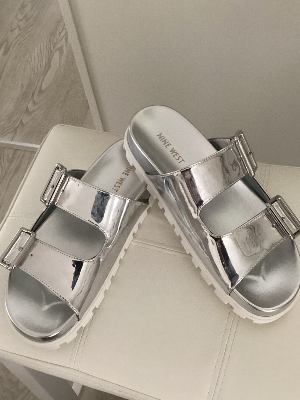Nine West Silver Metallic Double Buckle Platform Slides